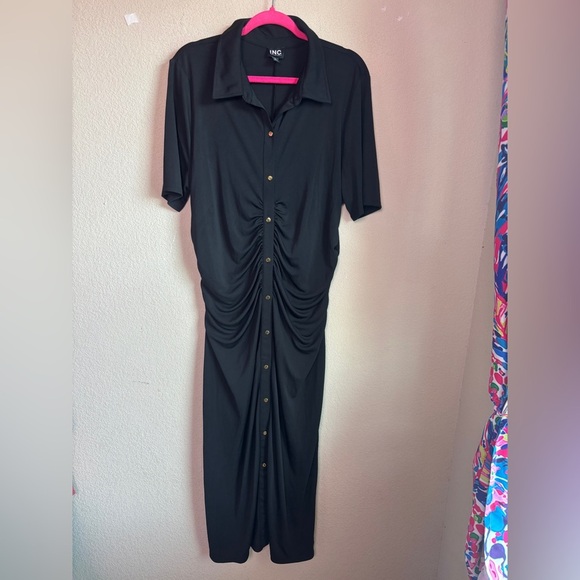 INC International Concepts Black Ruched Short Sleeve Midi Shirtdress XXL - Picture 2 of 10